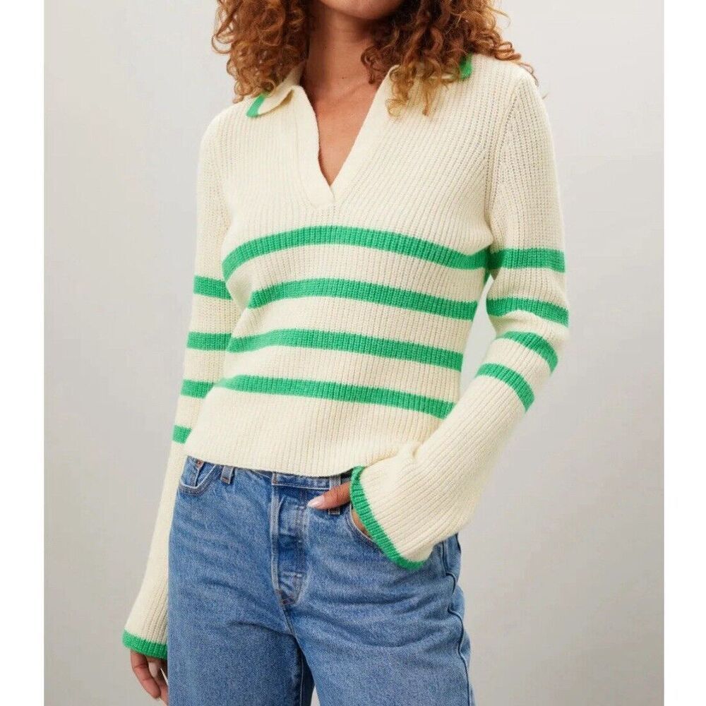 CENTRAL PARK WEST Clementine Sweater Women Small Green Stripe Pullover V-Neck